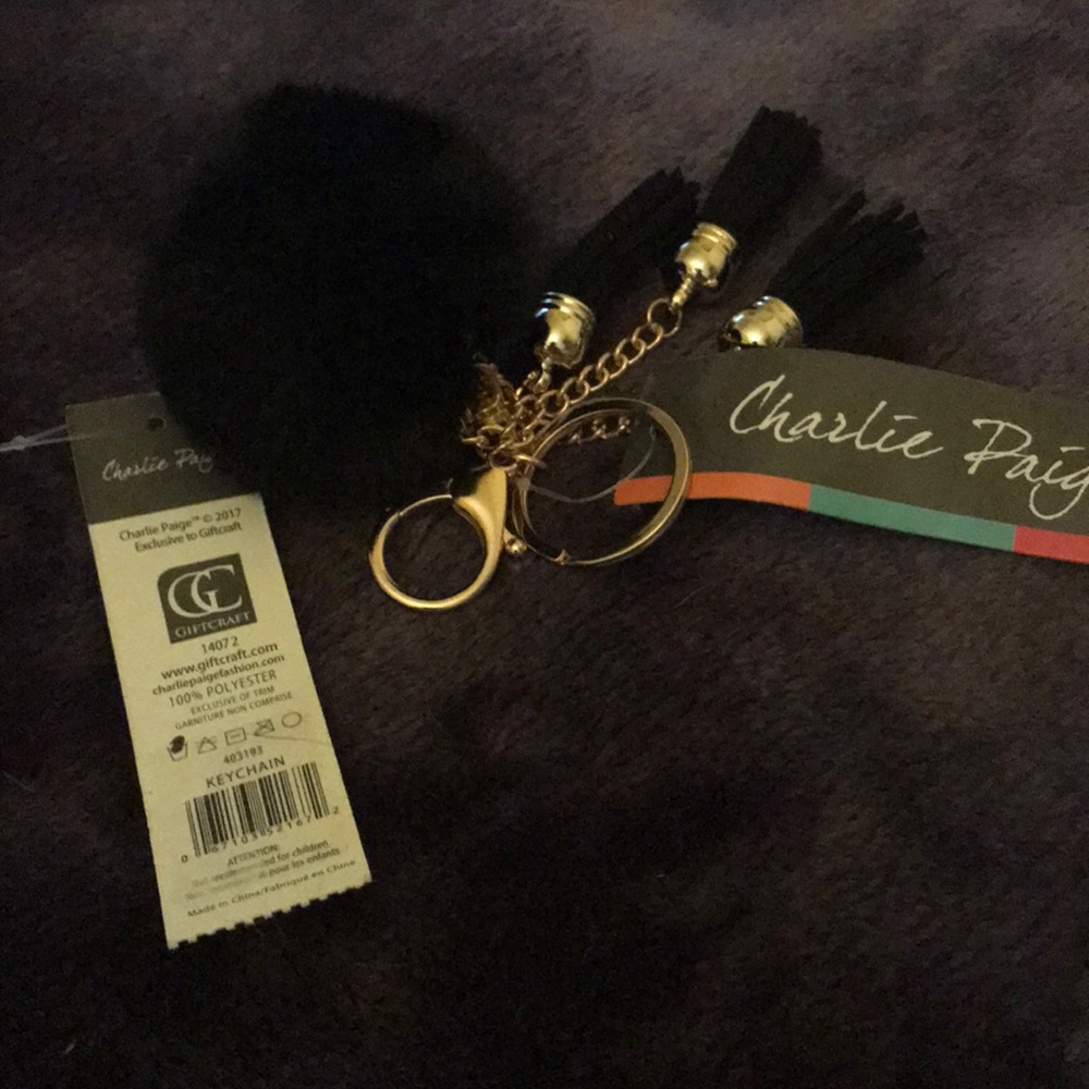 "Plush Ball"Gold tone Keychain w/matching tassels
